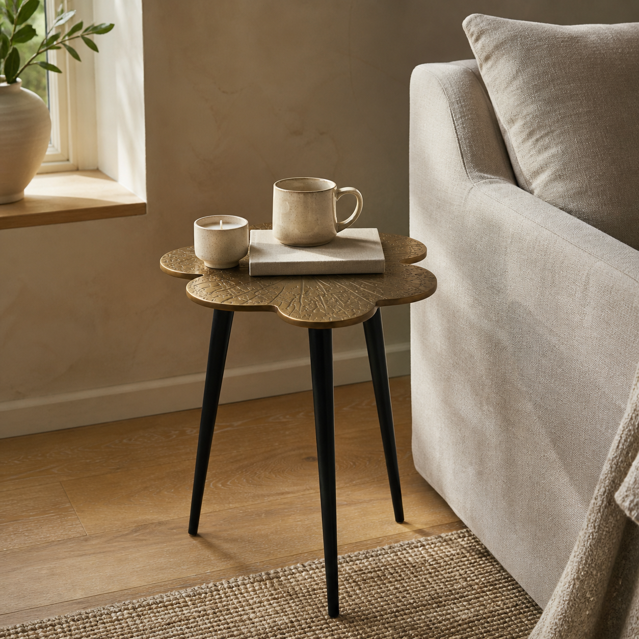 Brass Clover Side Table | Etched Botanical Top & Black Iron Legs