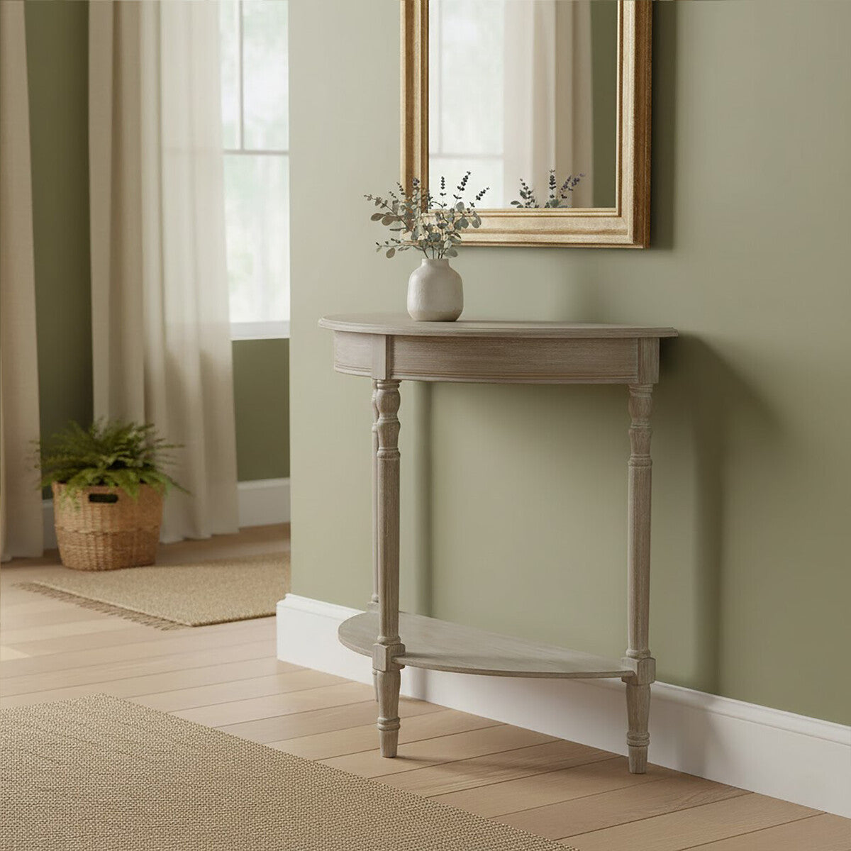 Natural Pine Wood Half Moon Console Table with Lower Storage Shelf, Heritage