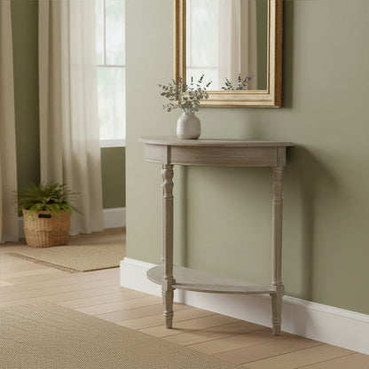 Natural Pine Wood Half Moon Console Table with Lower Storage Shelf, Heritage