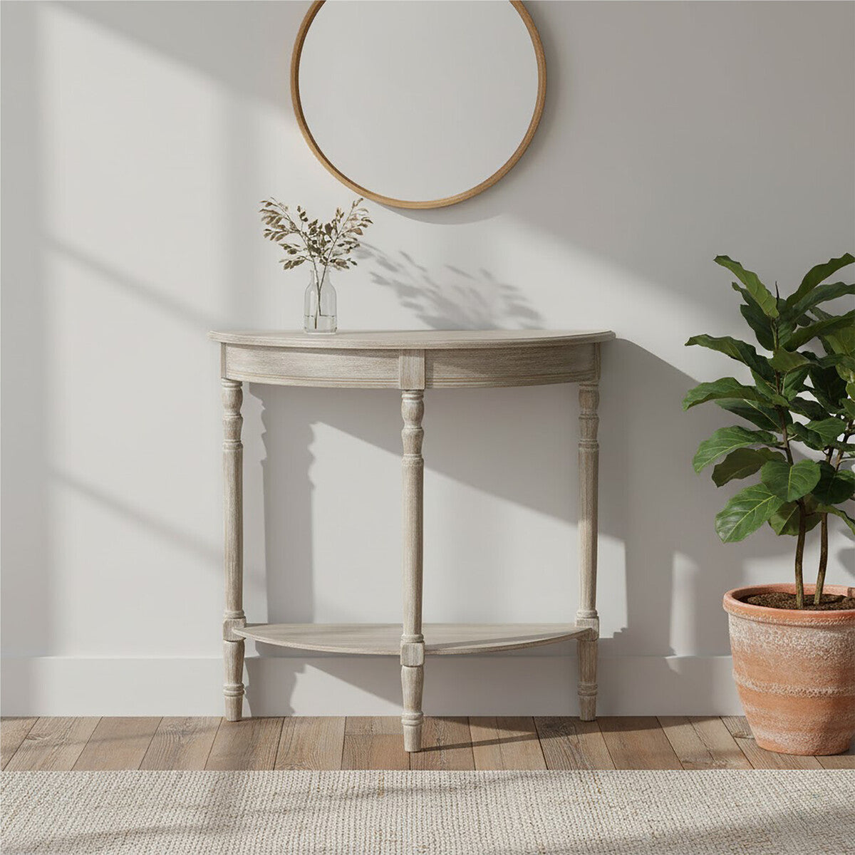 Natural Pine Wood Half Moon Console Table with Lower Storage Shelf, Heritage