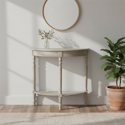 Natural Pine Wood Half Moon Console Table with Lower Storage Shelf, Heritage