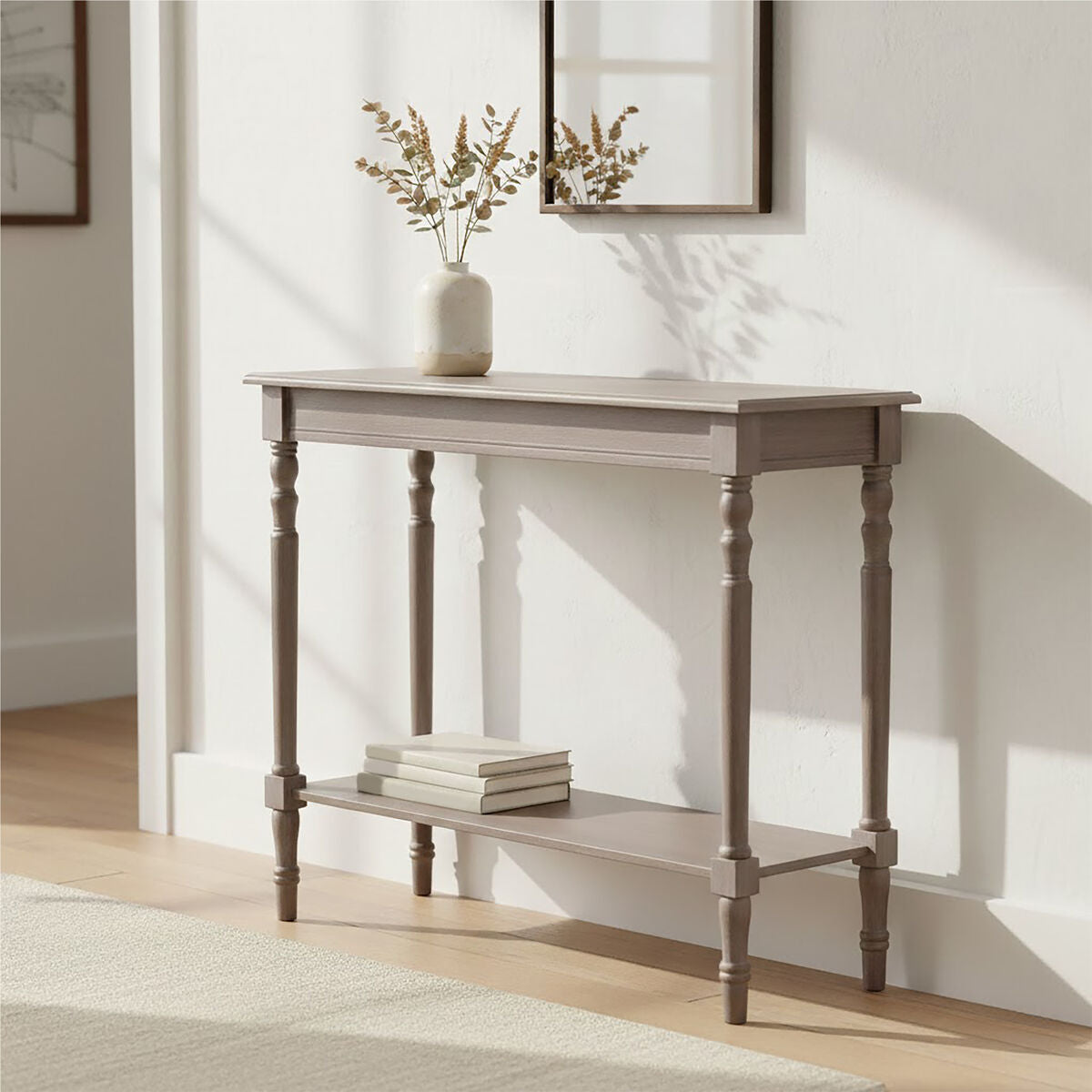 Natural Pine Wood Console Table with Lower Storage Shelf, Heritage