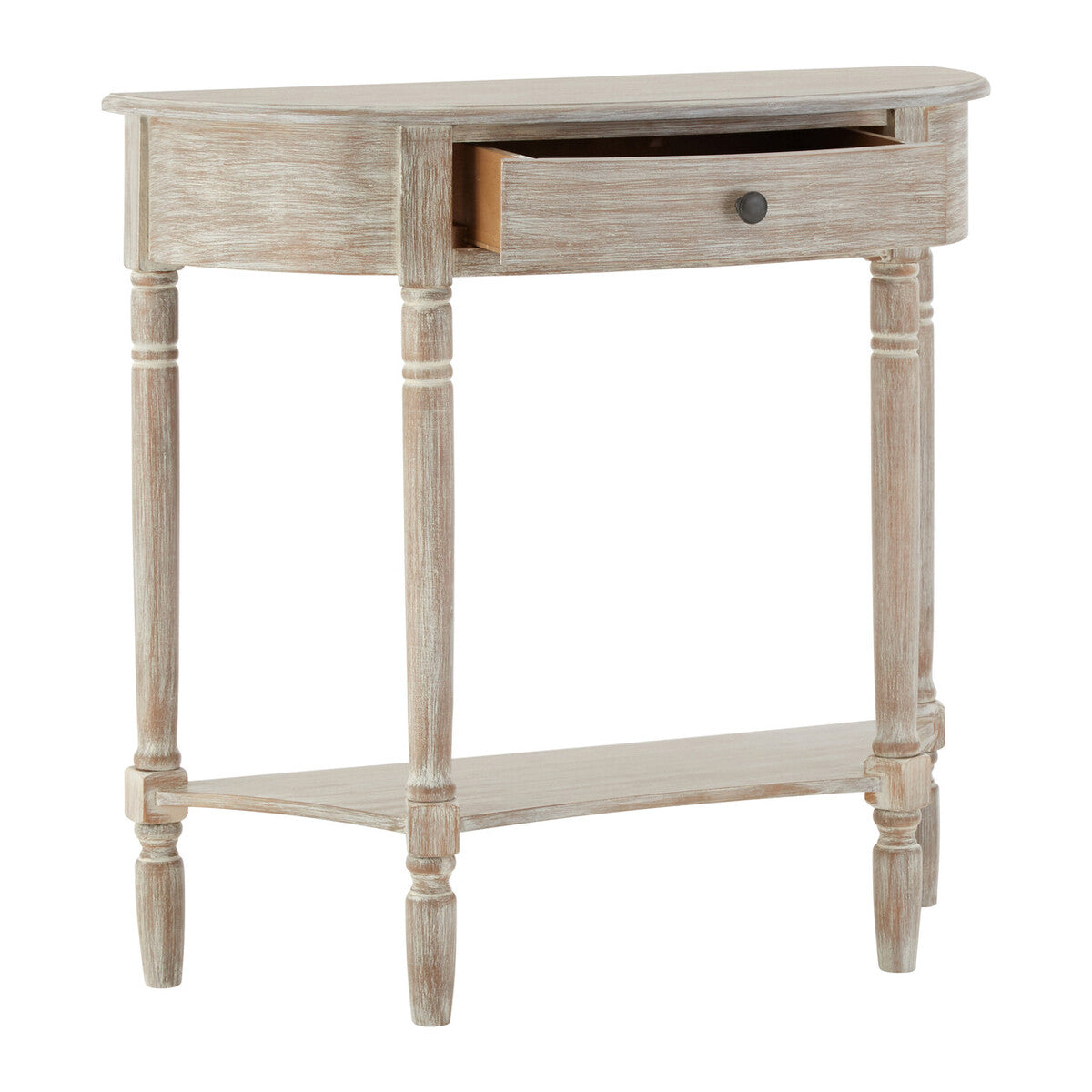 Grey Half Moon Pine Wood Console Table with 1 Drawer and 1 Lower Open Storage Shelf, Heritage
