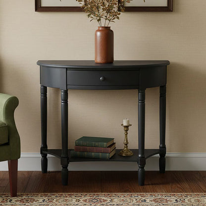 Black Half Moon Pine Wood Console Table with 1 Drawer and 1 Lower Open Storage Shelf, Heritage