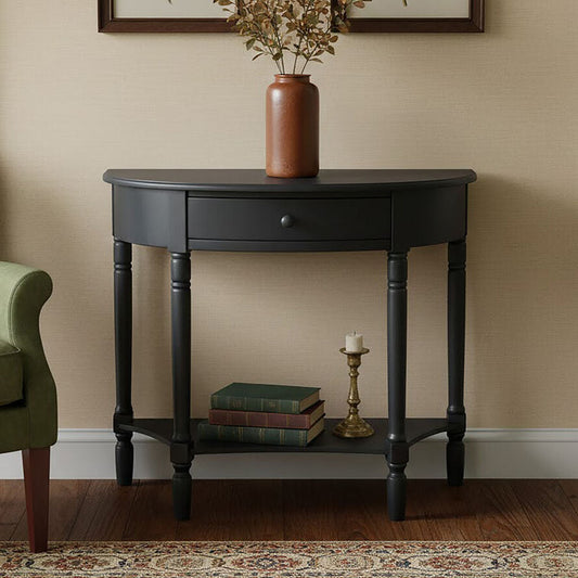 Black Half Moon Pine Wood Console Table with 1 Drawer and 1 Lower Open Storage Shelf, Heritage