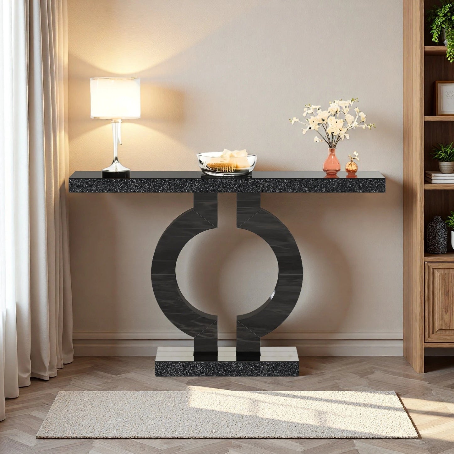 Black Marble-Effect Modern Console Table - Sculptural Entryway & Sofa Table