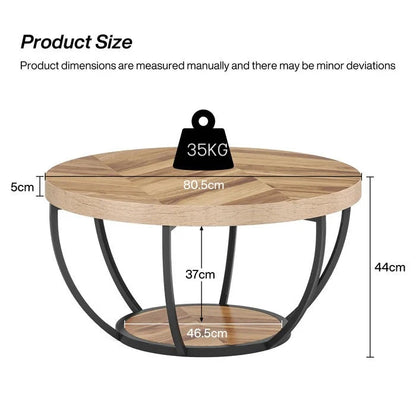 Round Wooden Coffee Table with 2-Tier Shelves