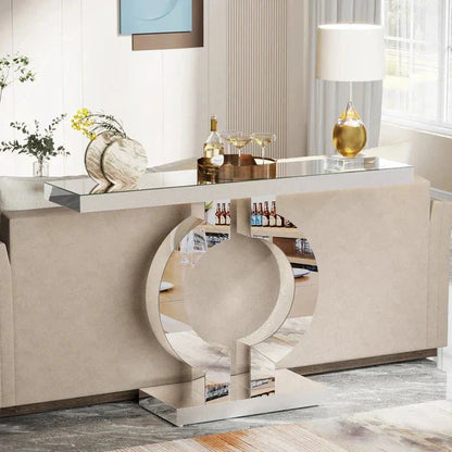 110cm Mirrored Console Table, Modern Silver Console Table with O-Shaped Base