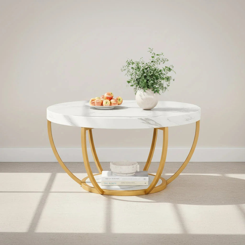 Round Wooden Coffee Table with 2-Tier Shelves