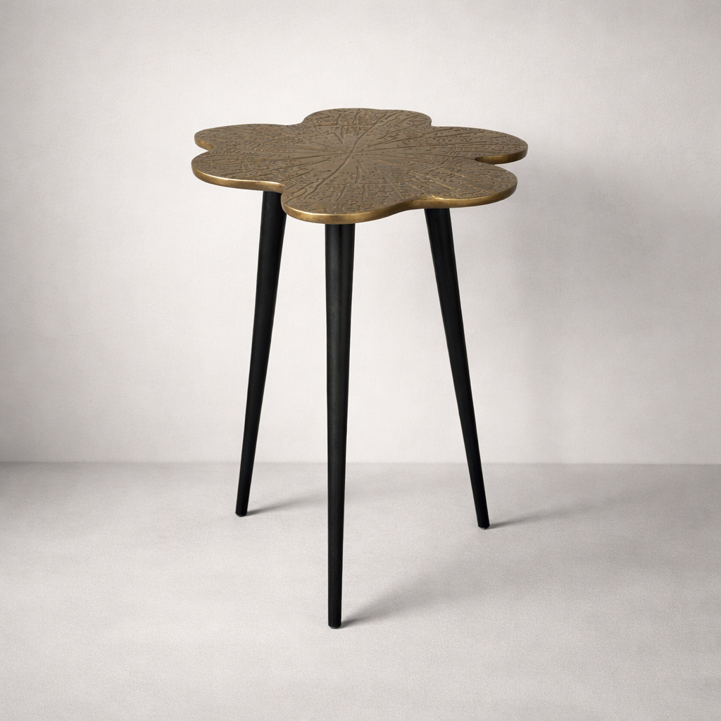 Brass Clover Side Table | Etched Botanical Top & Black Iron Legs