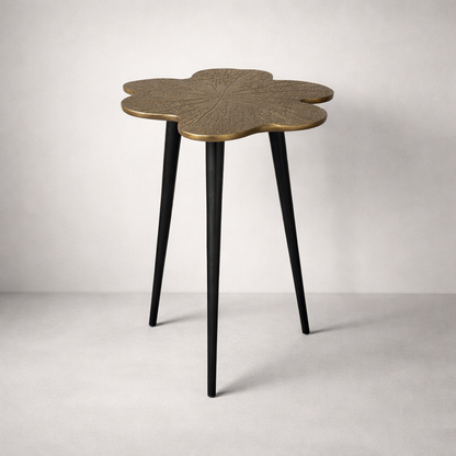 Brass Clover Side Table | Etched Botanical Top & Black Iron Legs