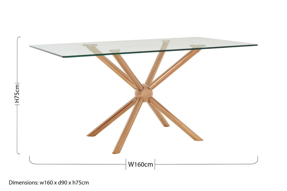 Clear Tempered Glass Top Dining Table with Rose Gold Metallic Sphere Base, Novo