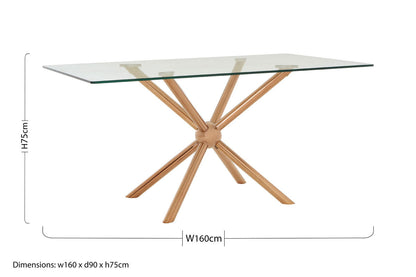 Clear Tempered Glass Top Dining Table with Rose Gold Metallic Sphere Base, Novo