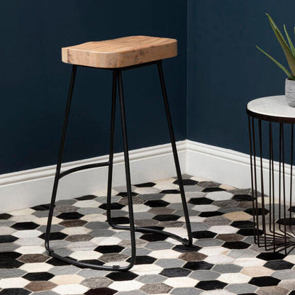 Lyon Oak Wood and Black Metal Bar Stool