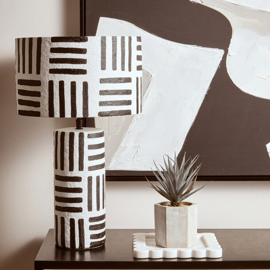 Carta Black And White Papier Mache Table Lamp with Geometric Lines