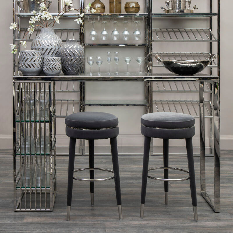 Manhattan Grey Velvet Bar Stool with Rubberwood Legs