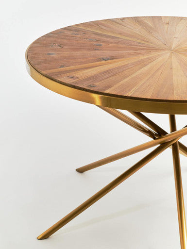Gold Aged Fir Wood Rustic Top Dining Table with Stainless Steel Tied Base, Jana