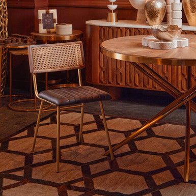 Gold Aged Fir Wood Rustic Top Dining Table with Stainless Steel Tied Base, Jana