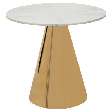White Marble Top Round Dining Table with Gold Finish Conical Base, Azalea