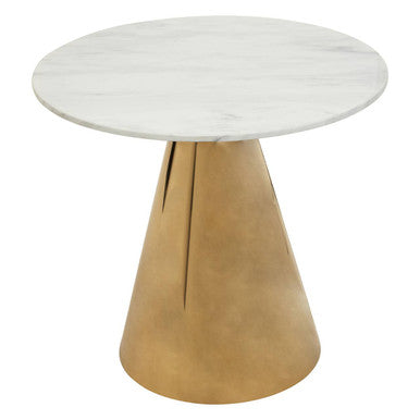 White Marble Top Round Dining Table with Gold Finish Conical Base, Azalea