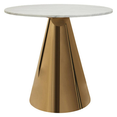 White Marble Top Round Dining Table with Gold Finish Conical Base, Azalea