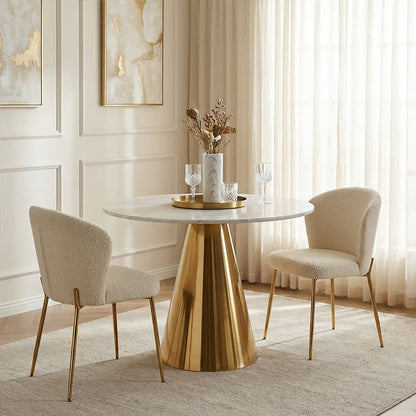 White Marble Top Round Dining Table with Gold Finish Conical Base, Azalea