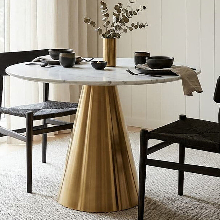 White Marble Top Round Dining Table with Gold Finish Conical Base, Azalea