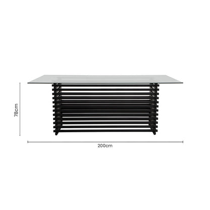 Matte Black Stainless Steel and Clear Glass Rectangular Dining Table with Storage, Vogue