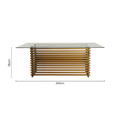 Rectangular Glass Top Dining Table with Matte Gold Stainless Steel Base, Vogue
