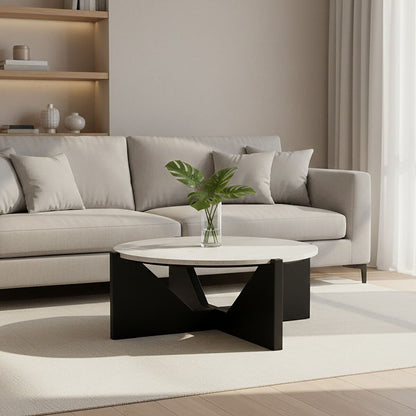 Cream Travertine Top Coffee Table with Black Acacia Wood Geometric Frame, Walton