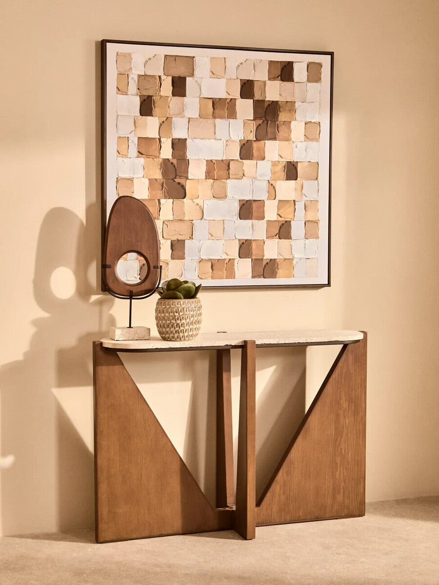 Cream Travertine Top Console Table with Brown Acacia Wood Frame, Walton