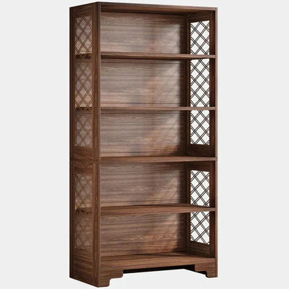Classic 5-Tier Walnut Bookshelf - Traditional Library Display with Lattice Side Panels