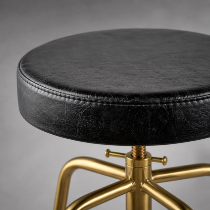 Brass Bar Adjustable Stool Black Leather Top Seat | Vintage Industrial Style