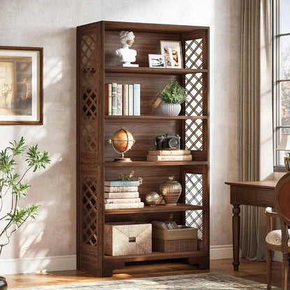 Classic 5-Tier Walnut Bookshelf - Traditional Library Display with Lattice Side Panels