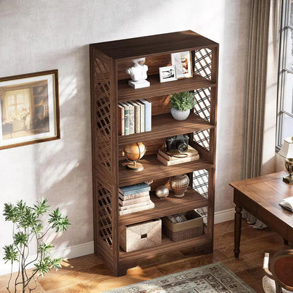 Classic 5-Tier Walnut Bookshelf - Traditional Library Display with Lattice Side Panels