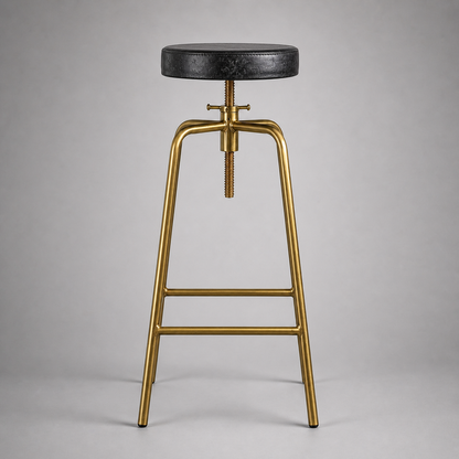 Brass Bar Adjustable Stool Black Leather Top Seat | Vintage Industrial Style