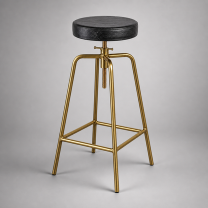 Brass Bar Adjustable Stool Black Leather Top Seat | Vintage Industrial Style