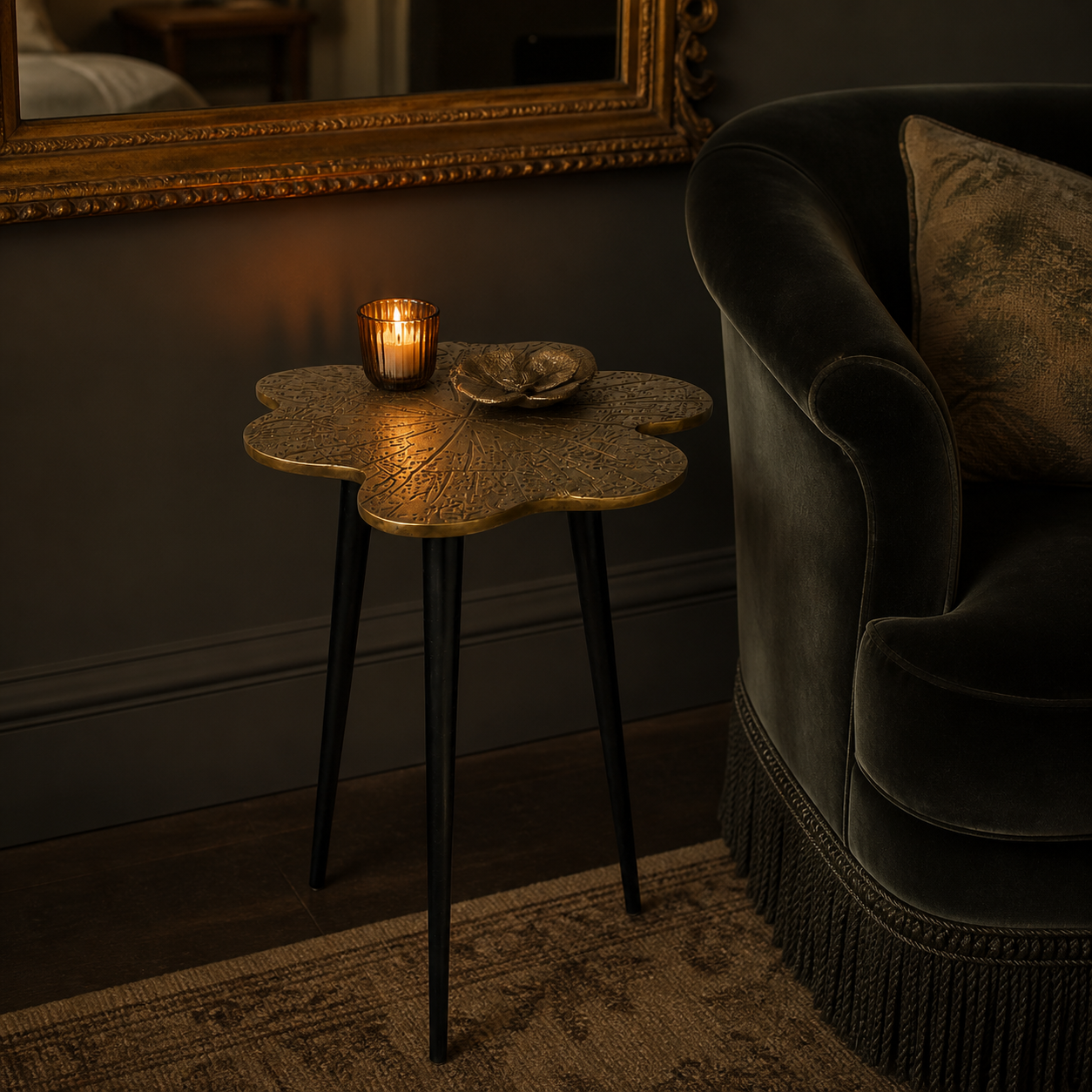 Brass Clover Side Table | Etched Botanical Top & Black Iron Legs