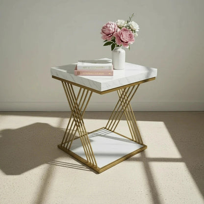 Chic Modern Square Side Table with Faux Marble Top