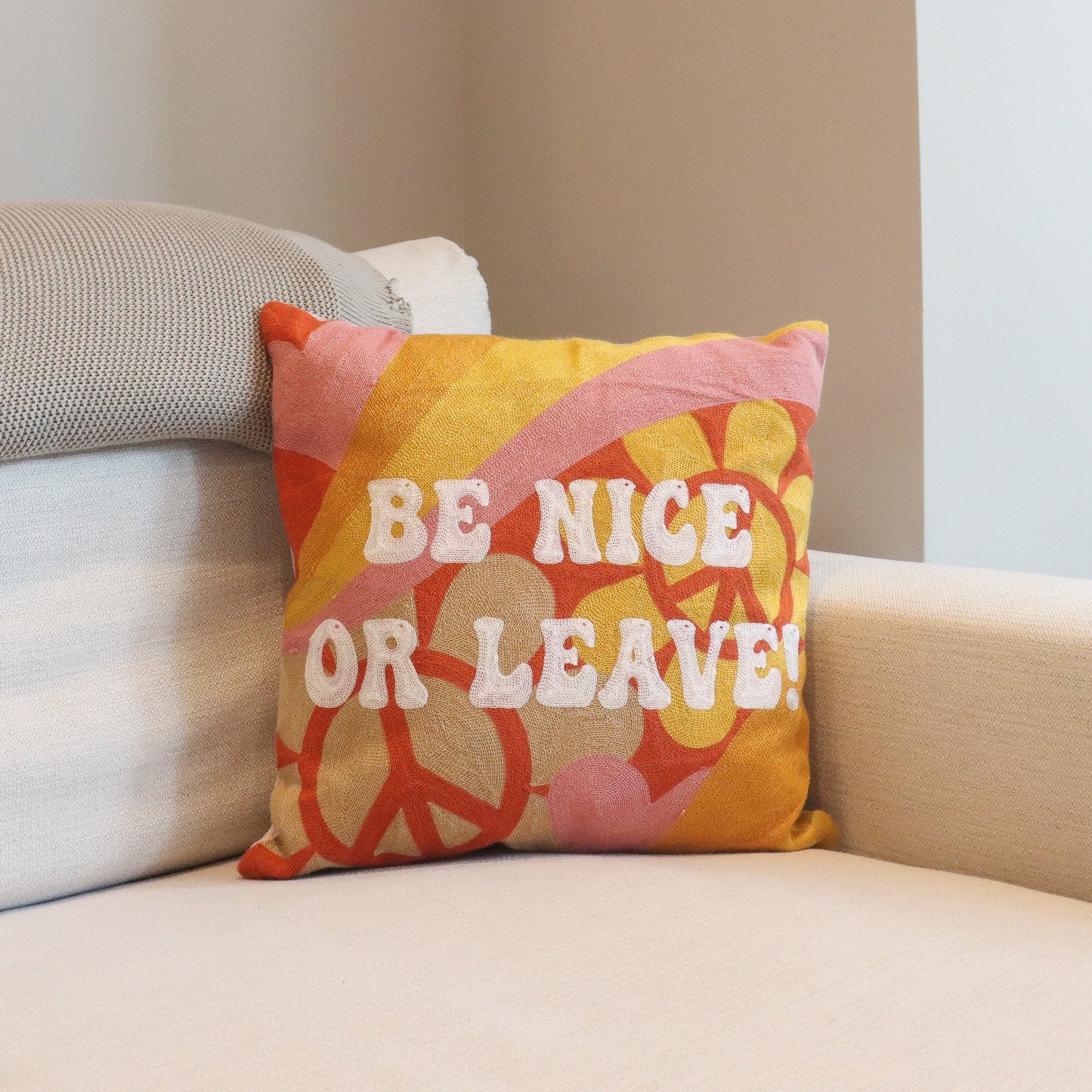 Funny Needlepoint Pillow – Be Nice or Leave