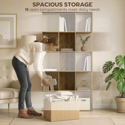 HOMCOM 5-Tier Bookshelf, S Shaped Geometric Bookcase with 15 Compartments, Rustic Brown