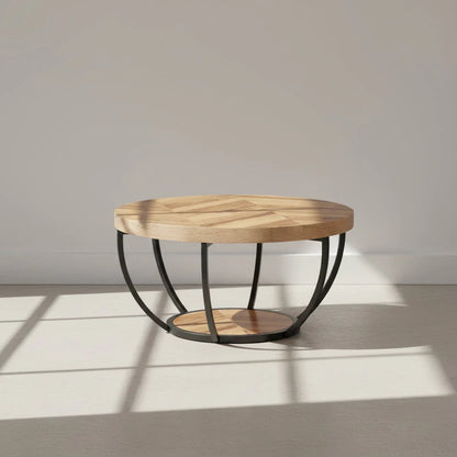 Round Wooden Coffee Table with 2-Tier Shelves