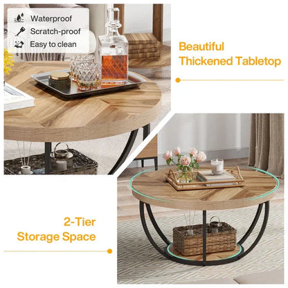 Round Wooden Coffee Table with 2-Tier Shelves