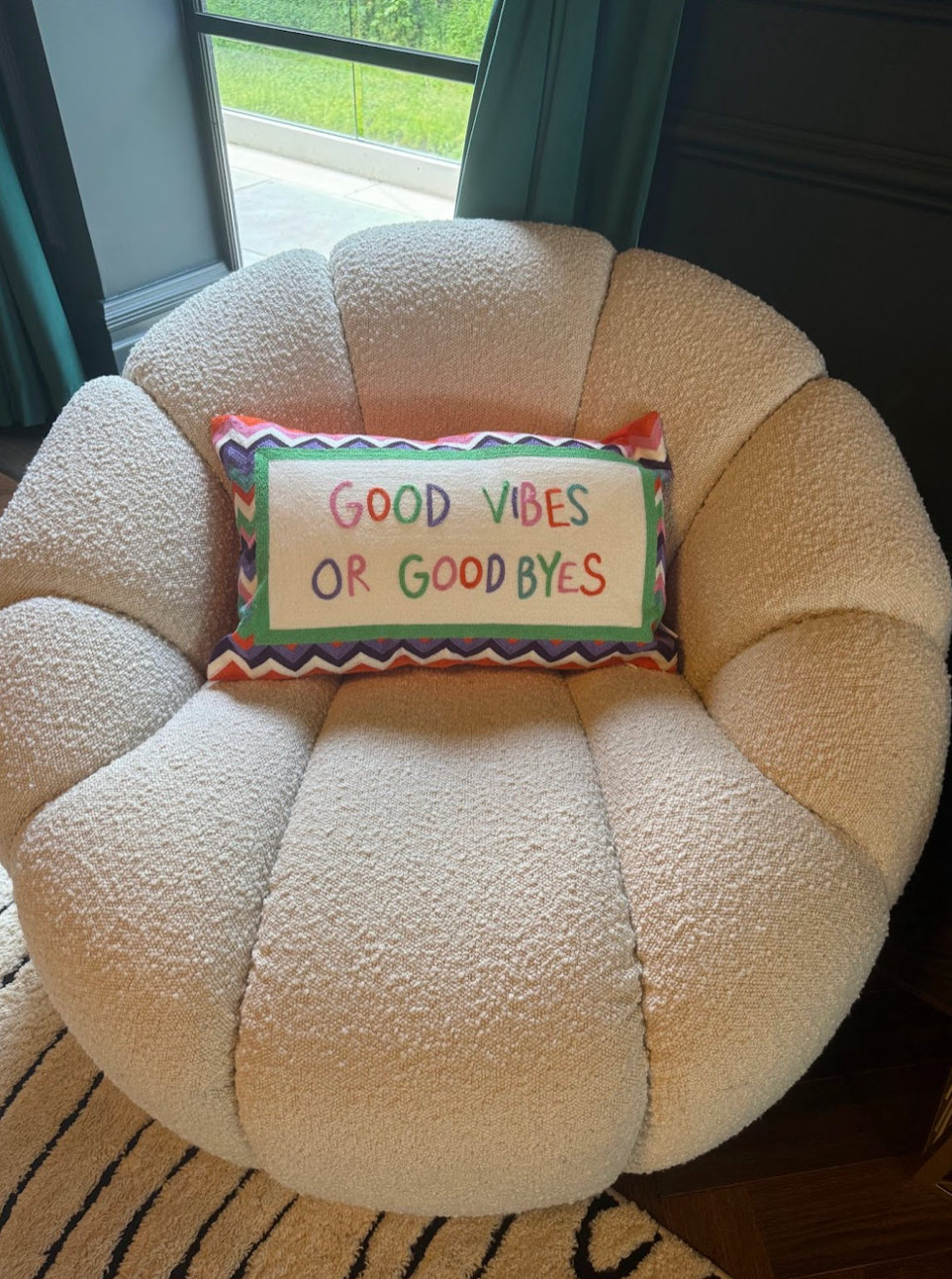 Funny Needlepoint Pillow – Good Vibes or Good Byes