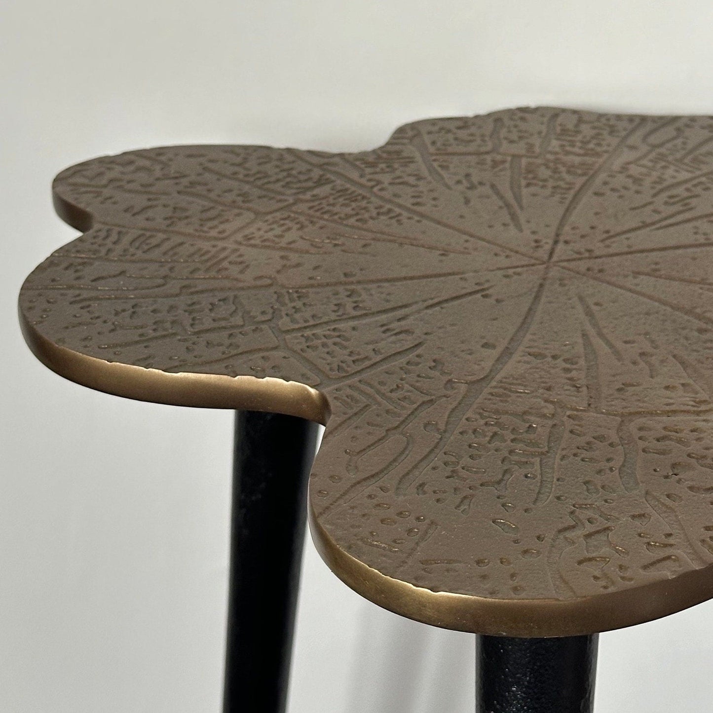 Brass Clover Side Table | Etched Botanical Top & Black Iron Legs