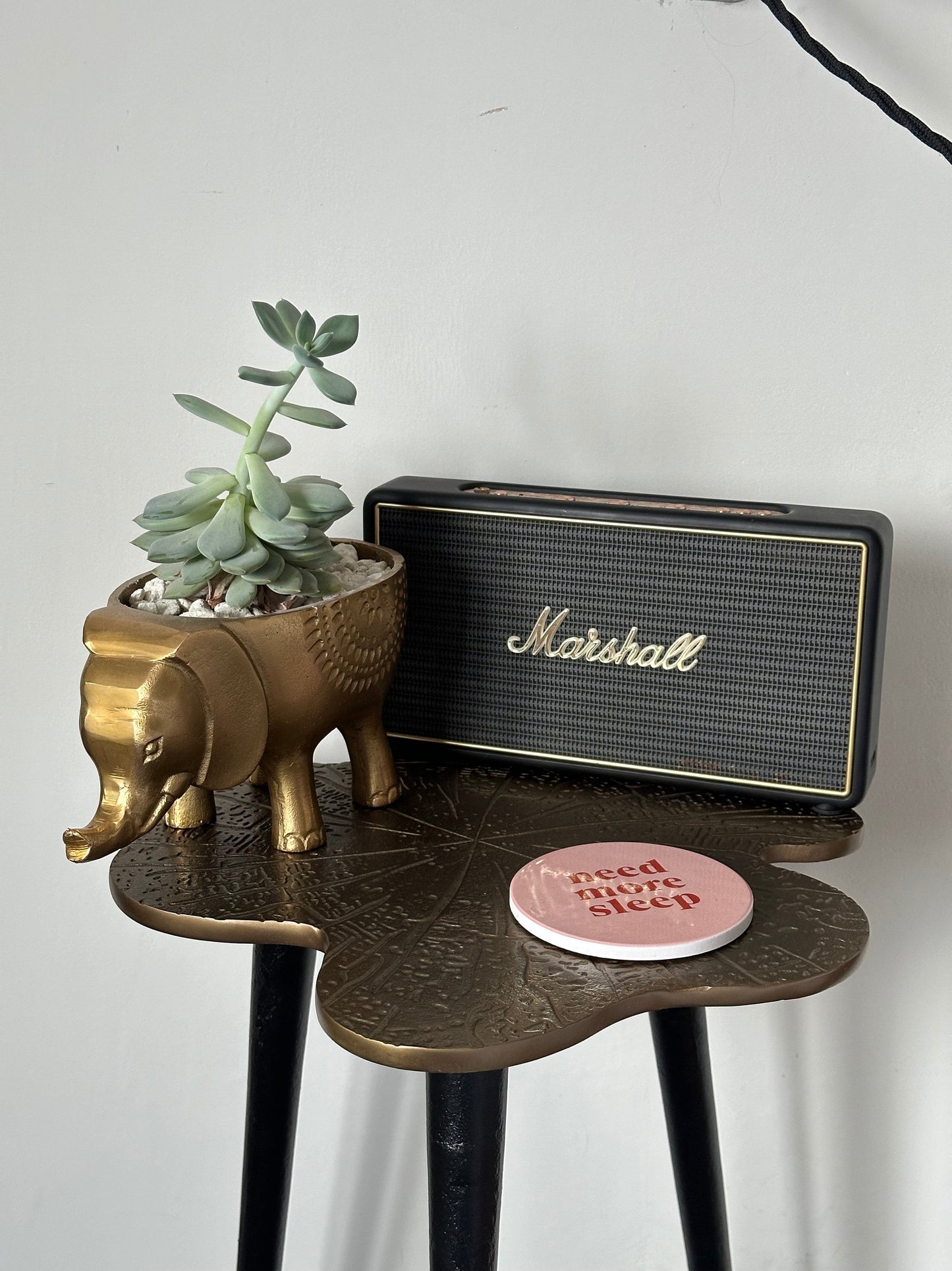 Brass Clover Side Table | Etched Botanical Top & Black Iron Legs