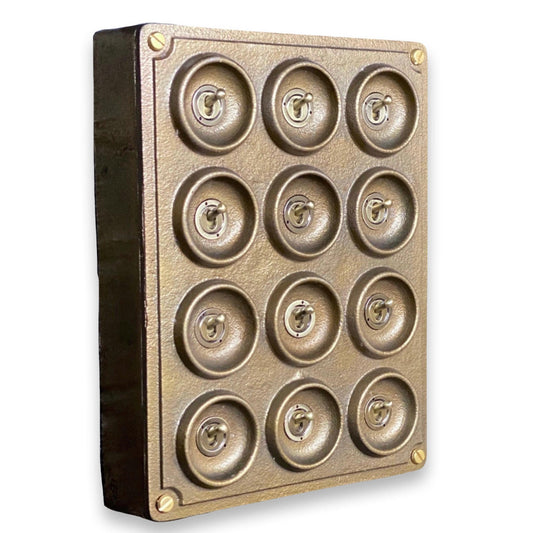 12 Gang 2 Way Bronze Solid Cast Metal Surface Mounting Conduit Light Switch Industrial - BS EN Approved Vintage Crabtree 1950’s Style