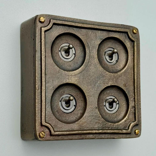 4 Gang 2 Way Solid Antique Brass Bronze Metal Surface Mounting Conduit Light Switch Industrial - Vintage Britmac Style