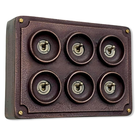 6 Gang 2 Way Antique Copper Solid Cast Metal Conduit Light Switch Industrial - Vintage Crabtree Style