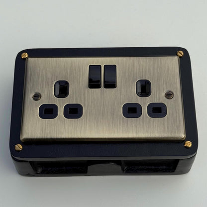 Antique Brass Double Gang Plug Socket with Industrial Black Cast Back Conduit Box